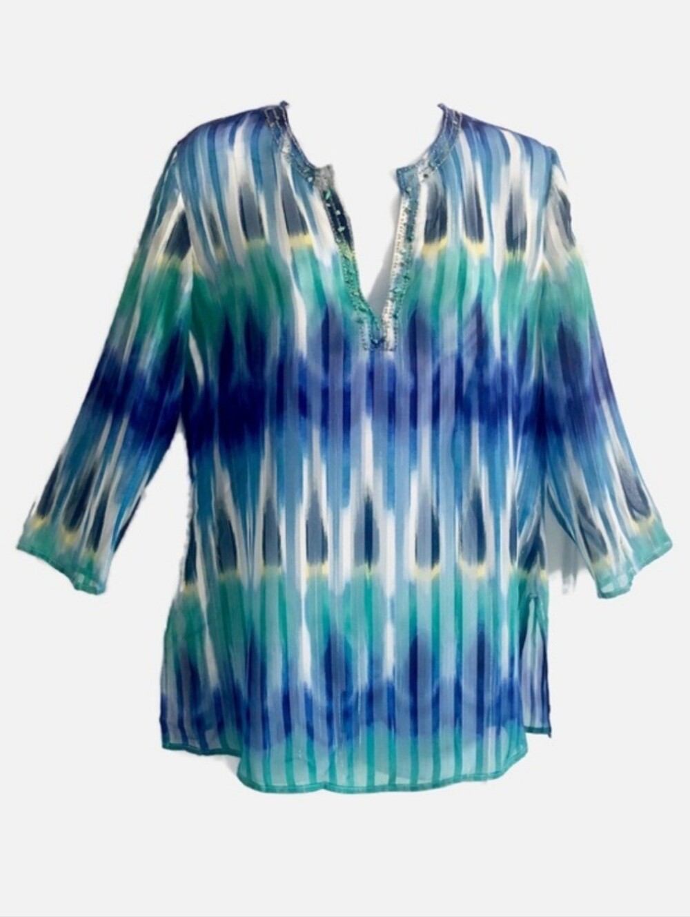 Chico’s Painted Pretty Marina Blue Semi Sheer Top  Size 1 - Women's Small S EUC